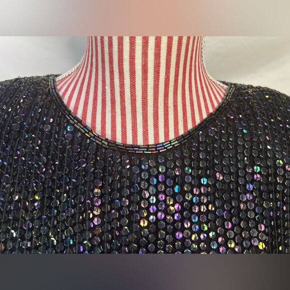 Vintage Black Beaded Blouse 100% Silk Sequin Rainbow Sparkly Retro 80s Sz Medium - Picture 3 of 12